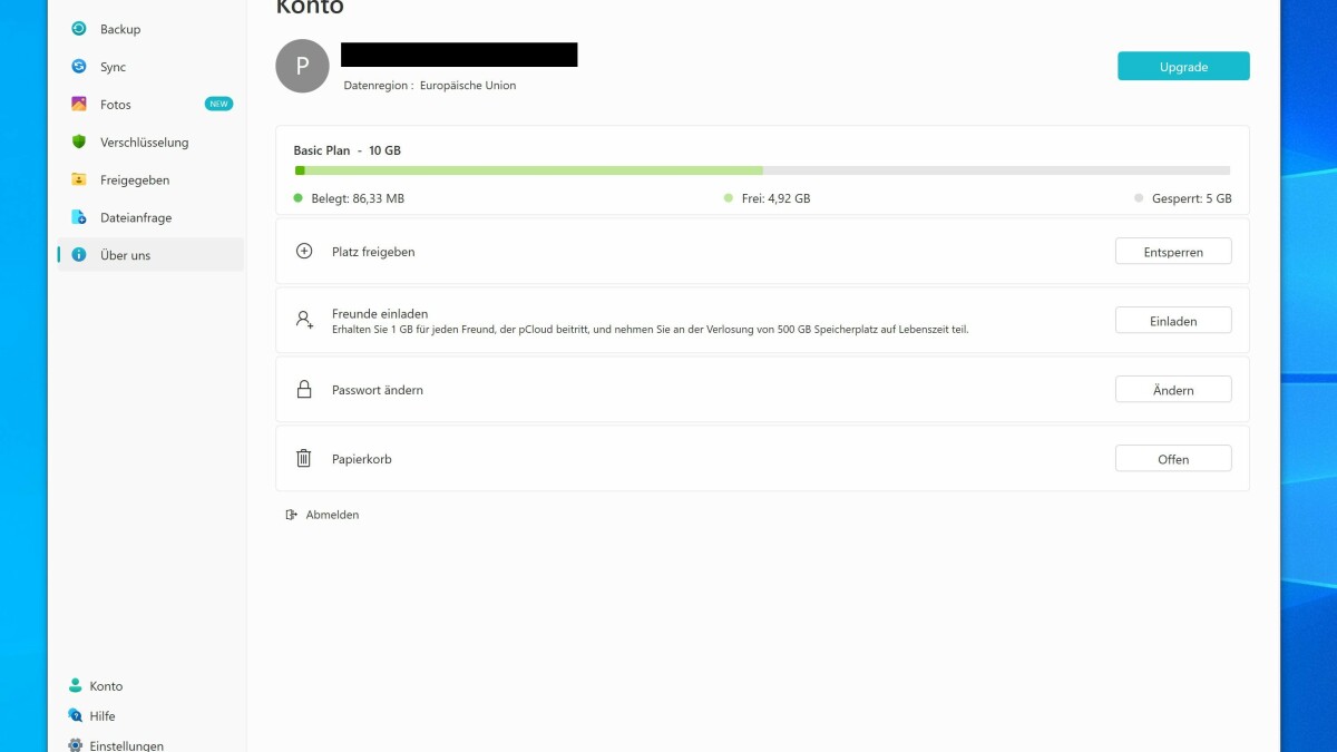 Bis zu 10 Gigabyte bekommt ihr im kostenlosen Basis-Plan von pCloud. Rund die Hälfte davon müsst ihr jedoch erst freischalten.