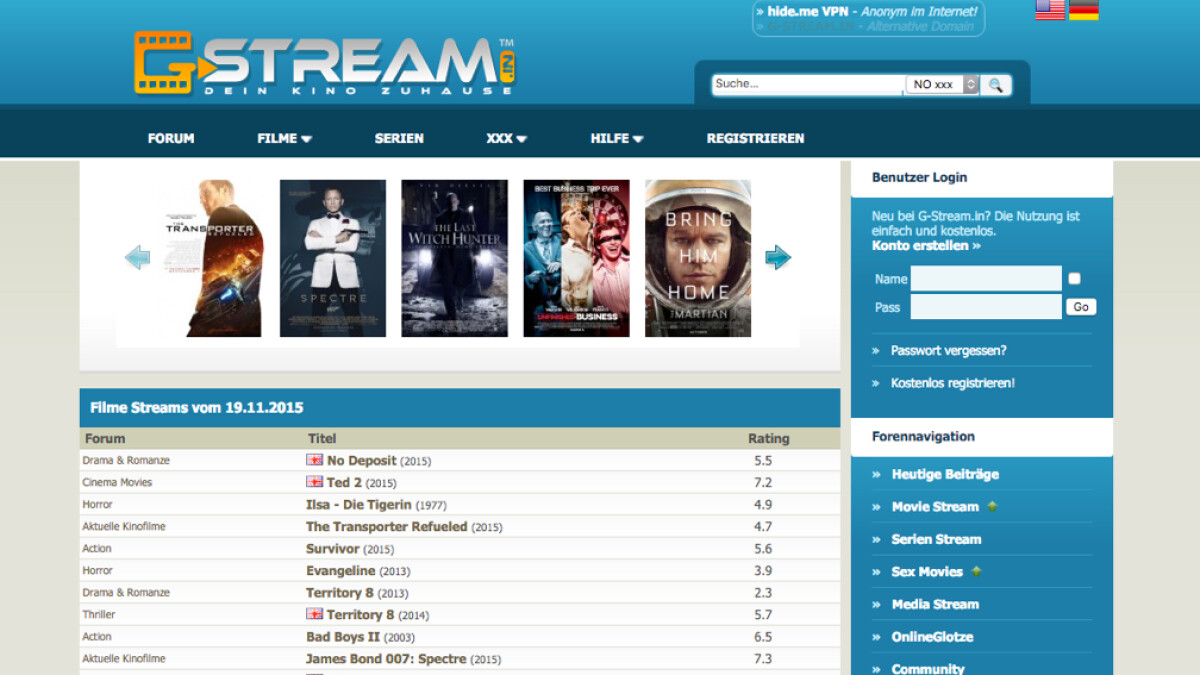 Die Startseite des Streaming-Portals Gstream.to.
