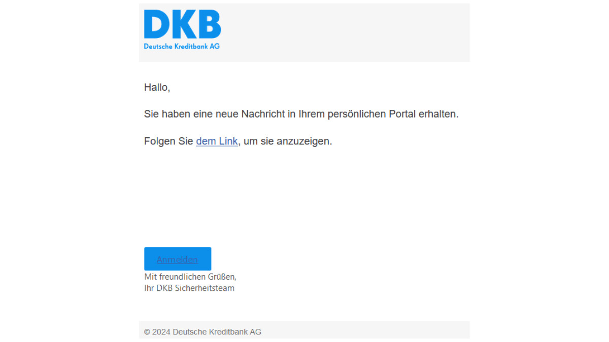 Se envía un correo electrónico de phishing a nombre de DKB (Deutsche Kreditbank AG).