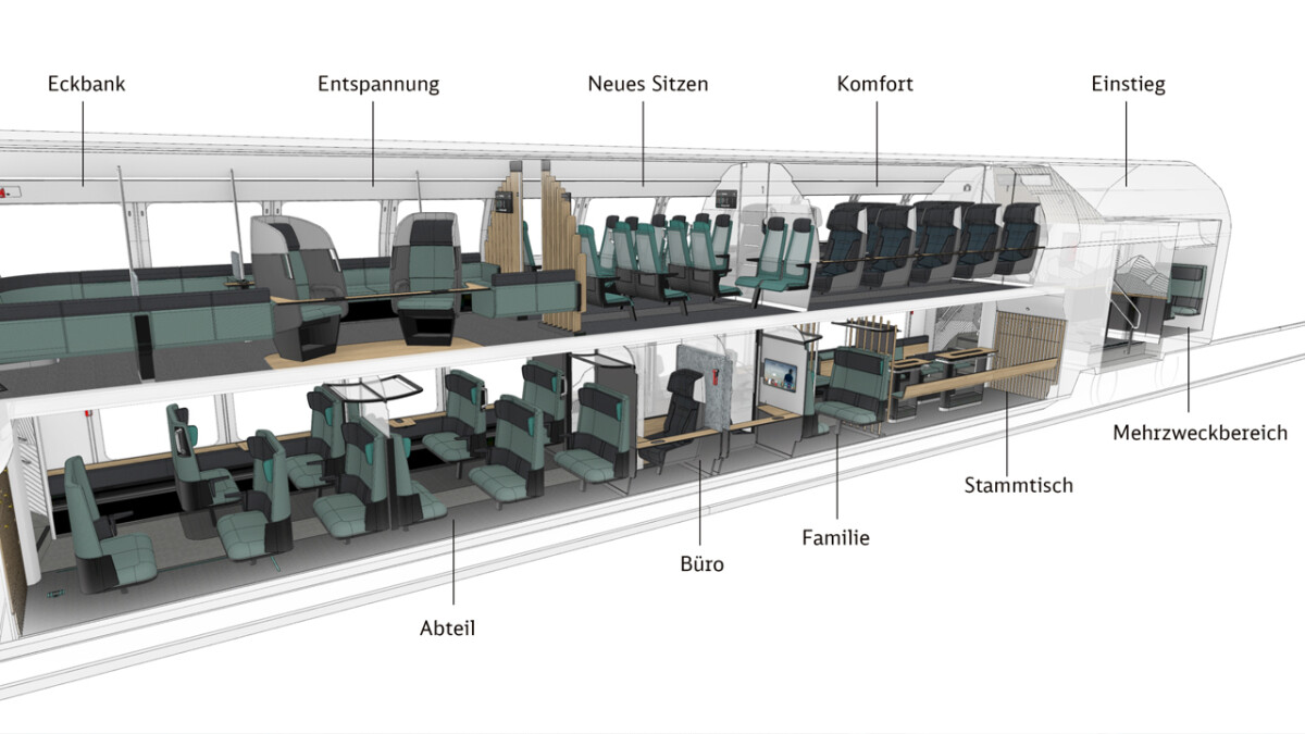 A cross-section of the converted double-decker car: Lounge chair next to a convivial corner seat.