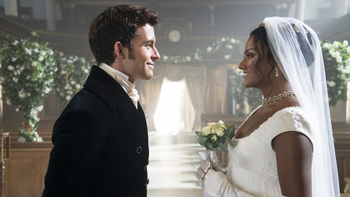 Jonathan Bailey as Anthony Bridgerton and Simone Ashley as Kate Sharma