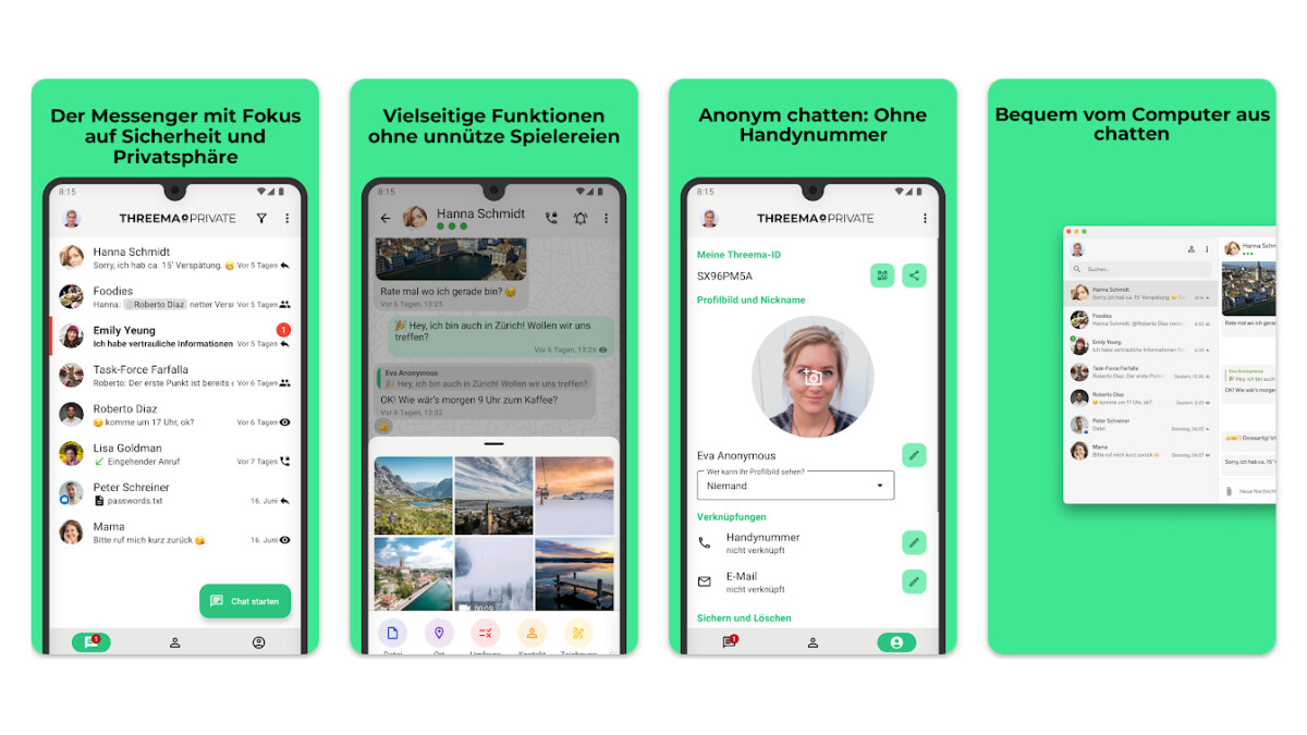 Ihr könnt Sprach-, Video- und Gruppenanrufe machen und Threema vom PC aus nutzen.