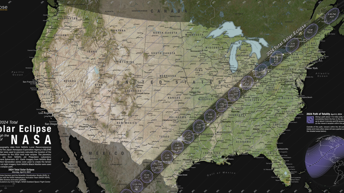 The course of the solar eclipse in 2024.
