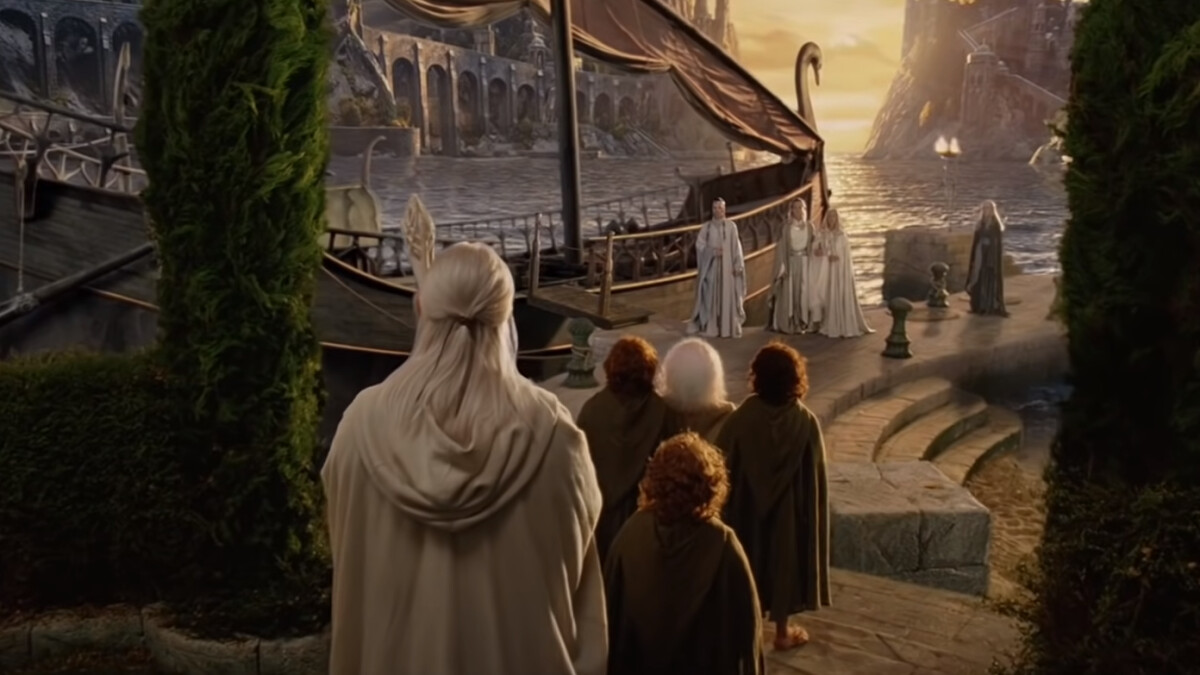 El Señor de los Anillos - El Retorno del Rey: Los Puertos Grises, Frodo viaja al oeste a Valinor.