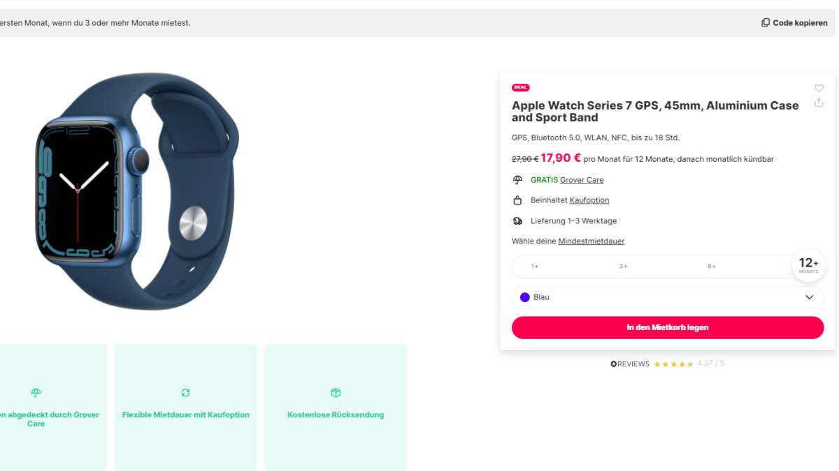 Am Beispiel einer Apple Watch kann man sehen, dass das Gerät für mindestens einen, drei, sechs oder zwölf Monate gemietet werden kann.