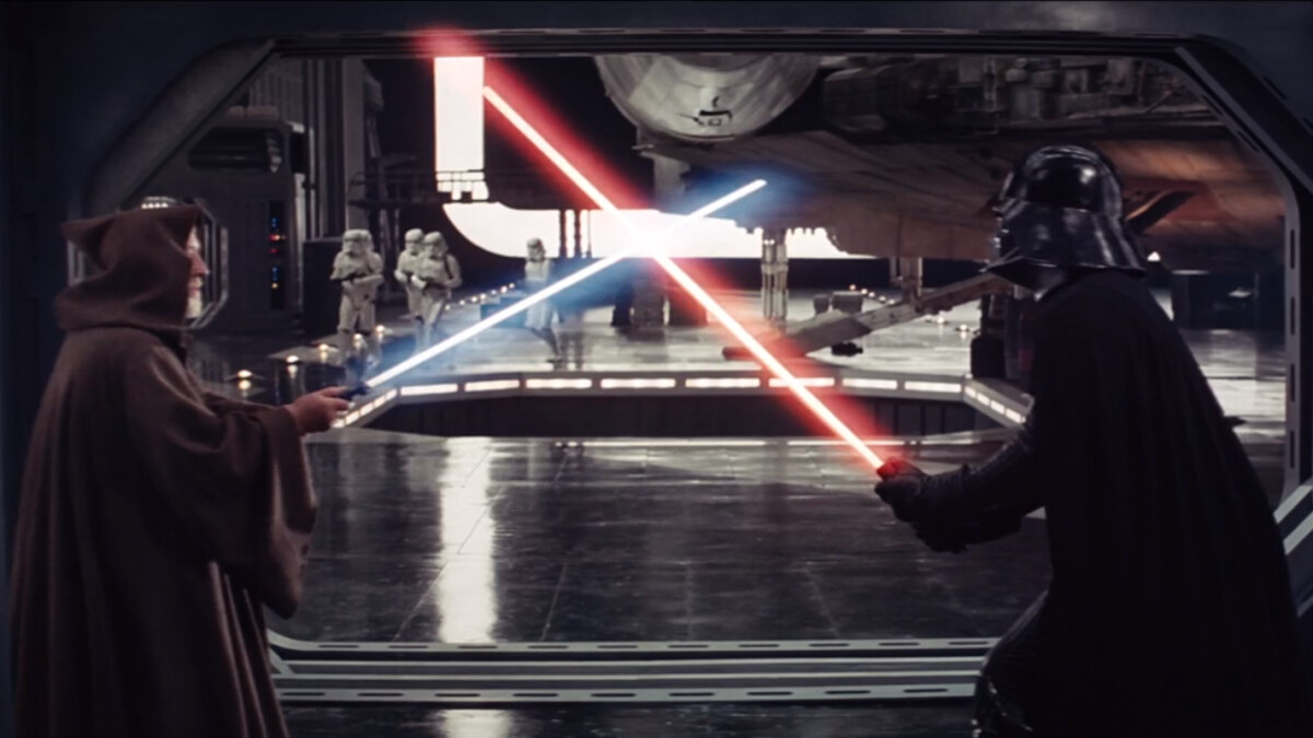 Star Wars: Obi-Wan Kenobi fights Darth Vader.