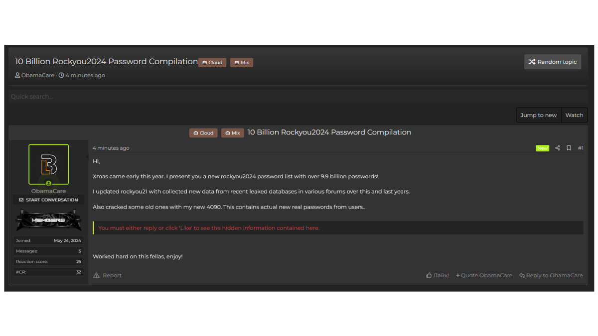 Mit diesem Post hat der Benutzer ObamaCare rund 10 Milliarden Passwörter veröffentlicht.