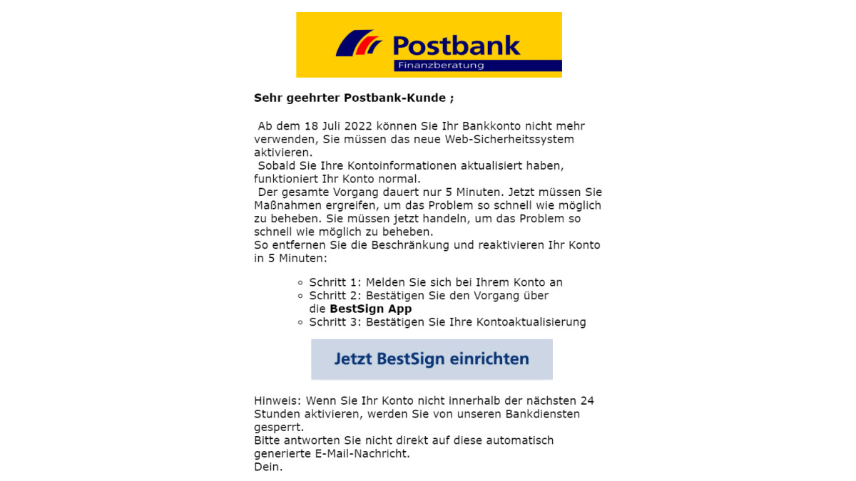 No debe prestar atención a este correo de phishing de Postbank.