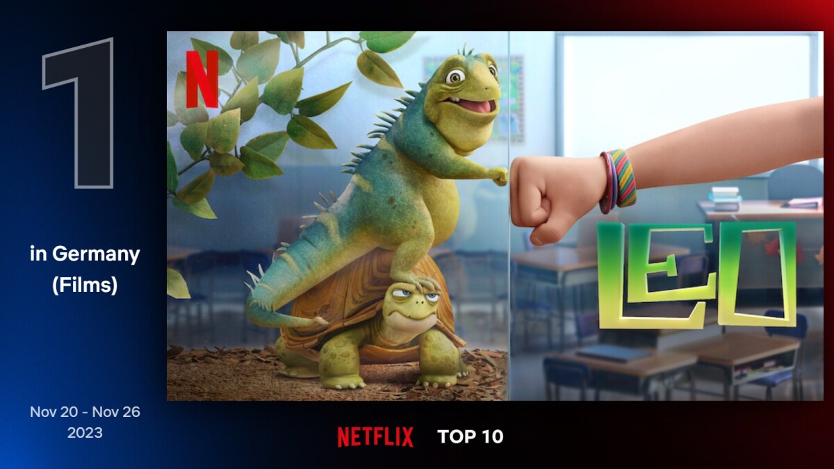 The animated film "Leo" starring Adam Sandler entered the top 10 of the German film charts on Netflix this week.