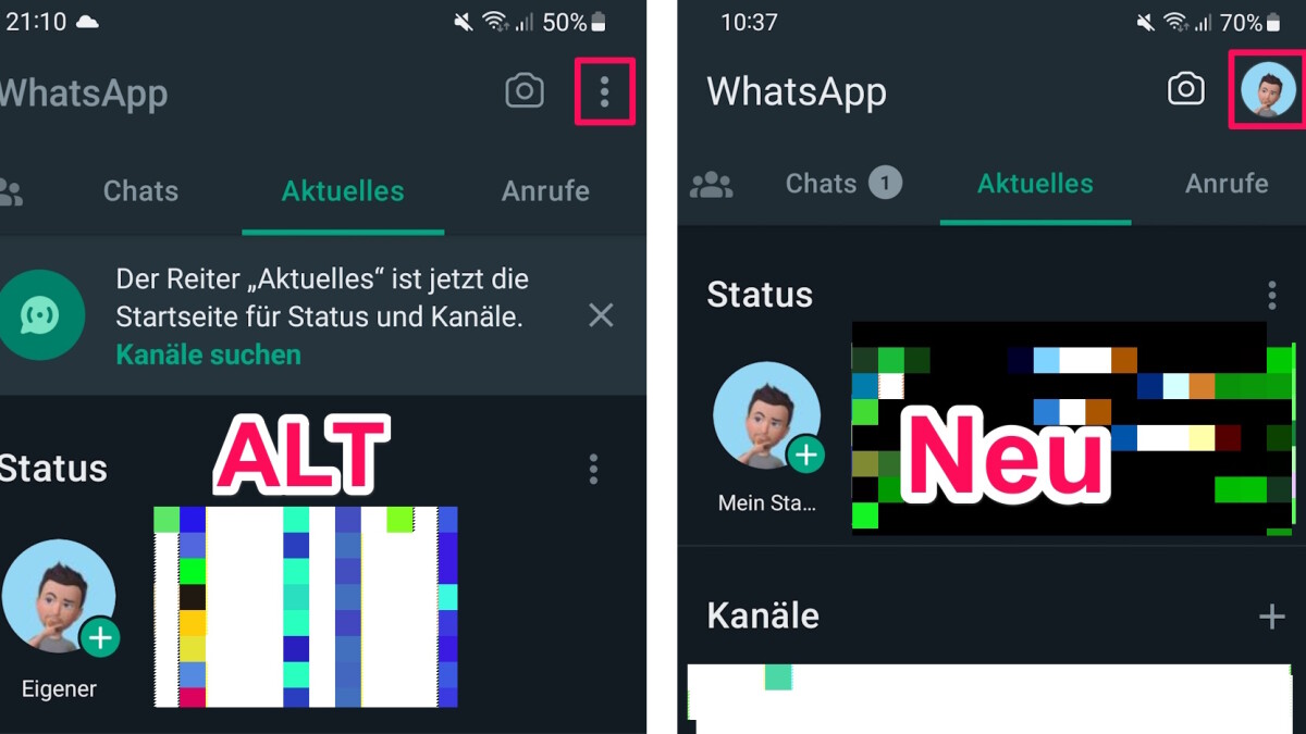 WhatsApp is replacing the three dots in the main menu of the Android app with your profile picture.