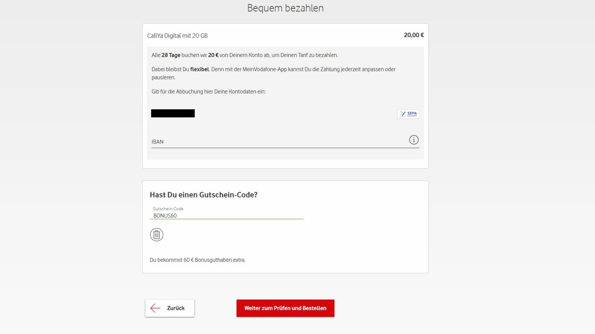 Vodafone CallYa Digital: 60 euros credit with voucher code "BONUS60"