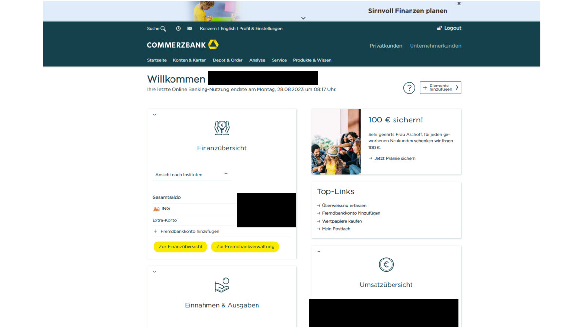 En la banca online a través del escritorio no se muestra ninguna cuenta de Commerzbank.