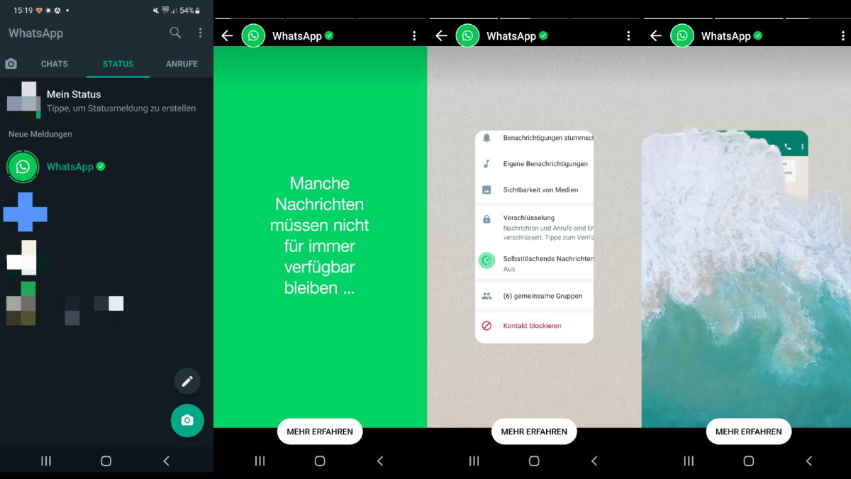 WhatsApp wirbt im Status für selbstlöschende Nachrichten.