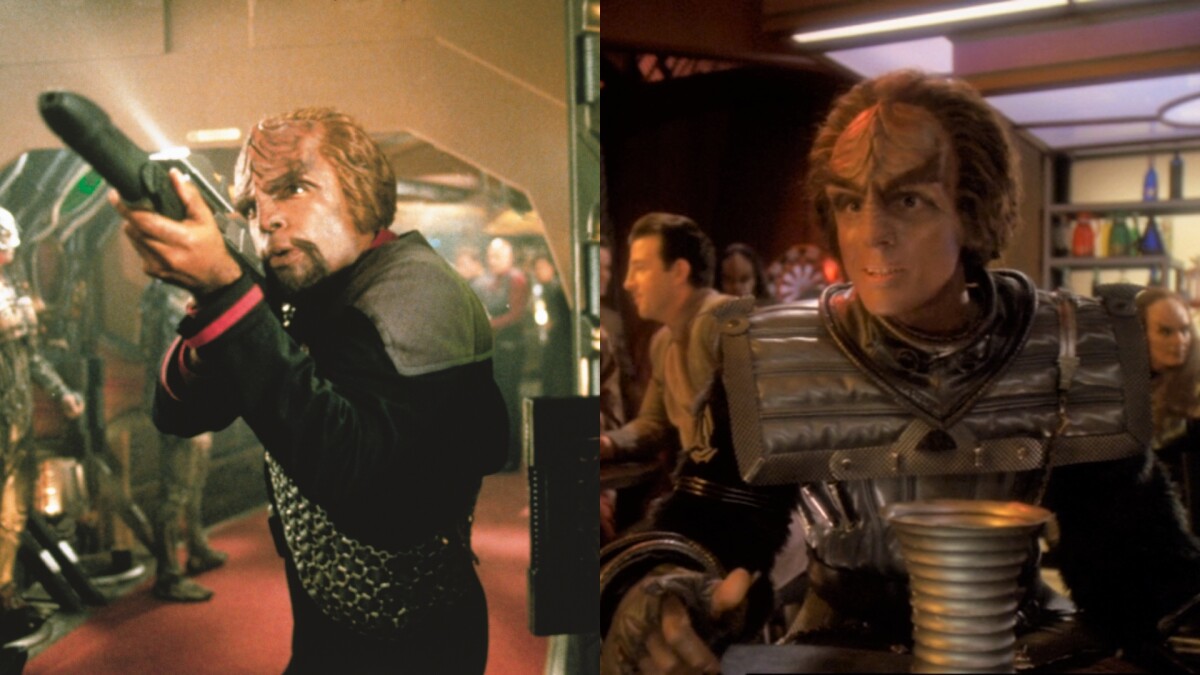 Star Trek: Worfs (Michael Dorn, aquí en "Viaje a las estrellas: primer contacto") hijo Alexander Rozhenko (Marc Worden en "Star Trek: Espacio Profundo Nueve").