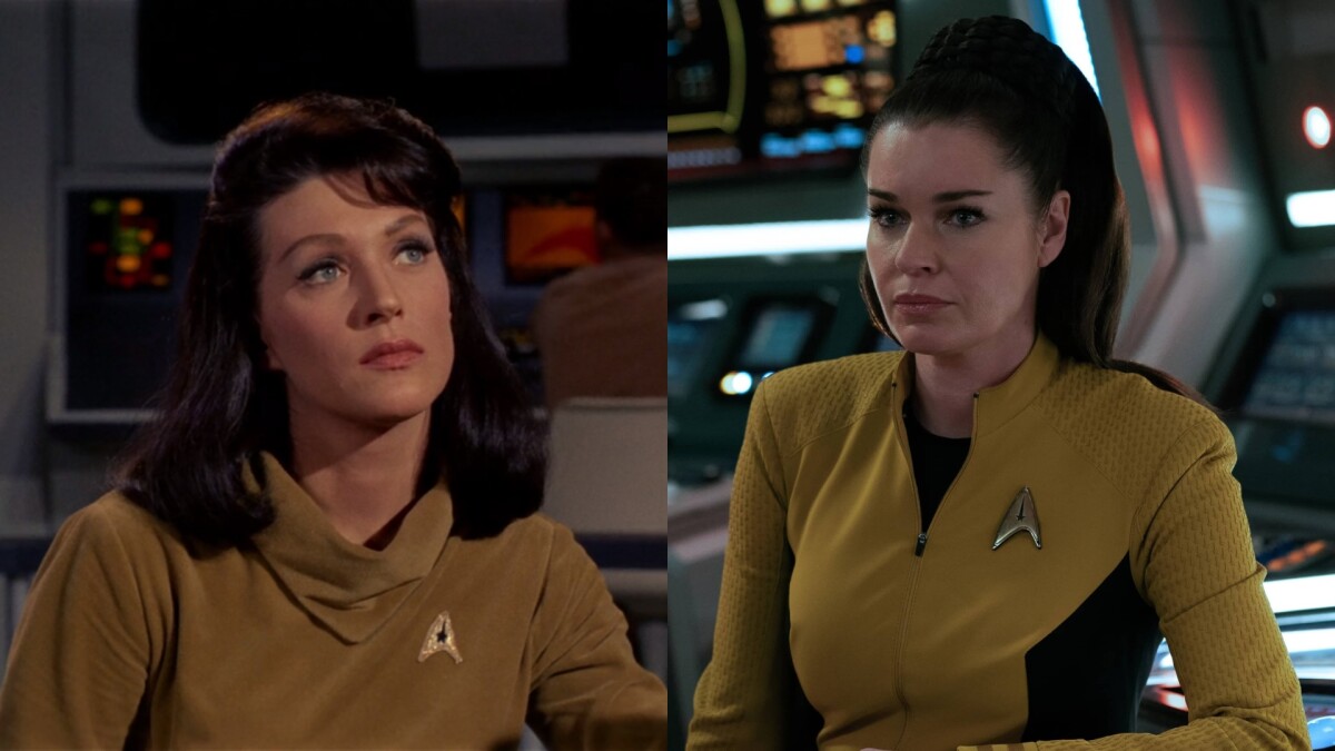Star Trek : à gauche, Majel Barrett im "Star Trek"-Pilote "La cage" en tant que numéro un, plus de 50 ans plus tard, Rebecca Romijn joue dans "De nouveaux mondes étranges" le même rôle.