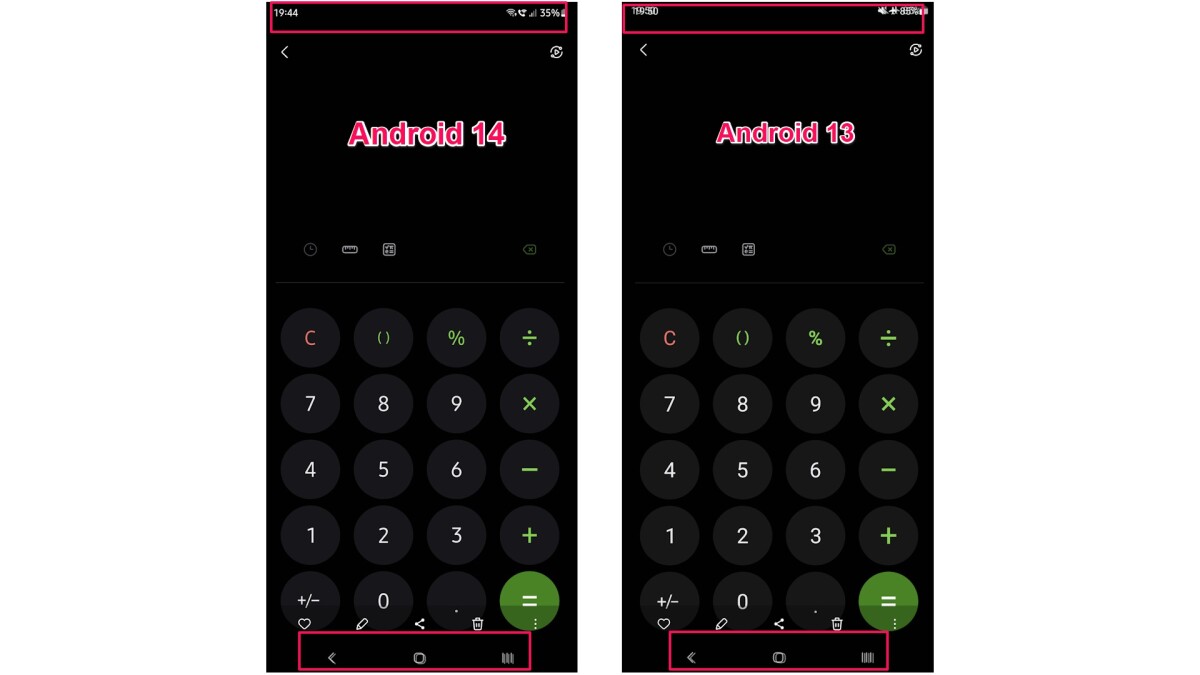 En los teléfonos Samsung con Android 14, los elementos de la barra de estado no se mueven (a la izquierda), solo se mueven los iconos de la barra de navegación.  Sin embargo, con Android 13 (derecha) todos los elementos permanentemente visibles se mueven.