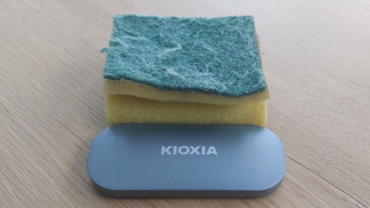 The Kioxia Exceria Plus Portable SSD is barely bigger than a pot sponge.