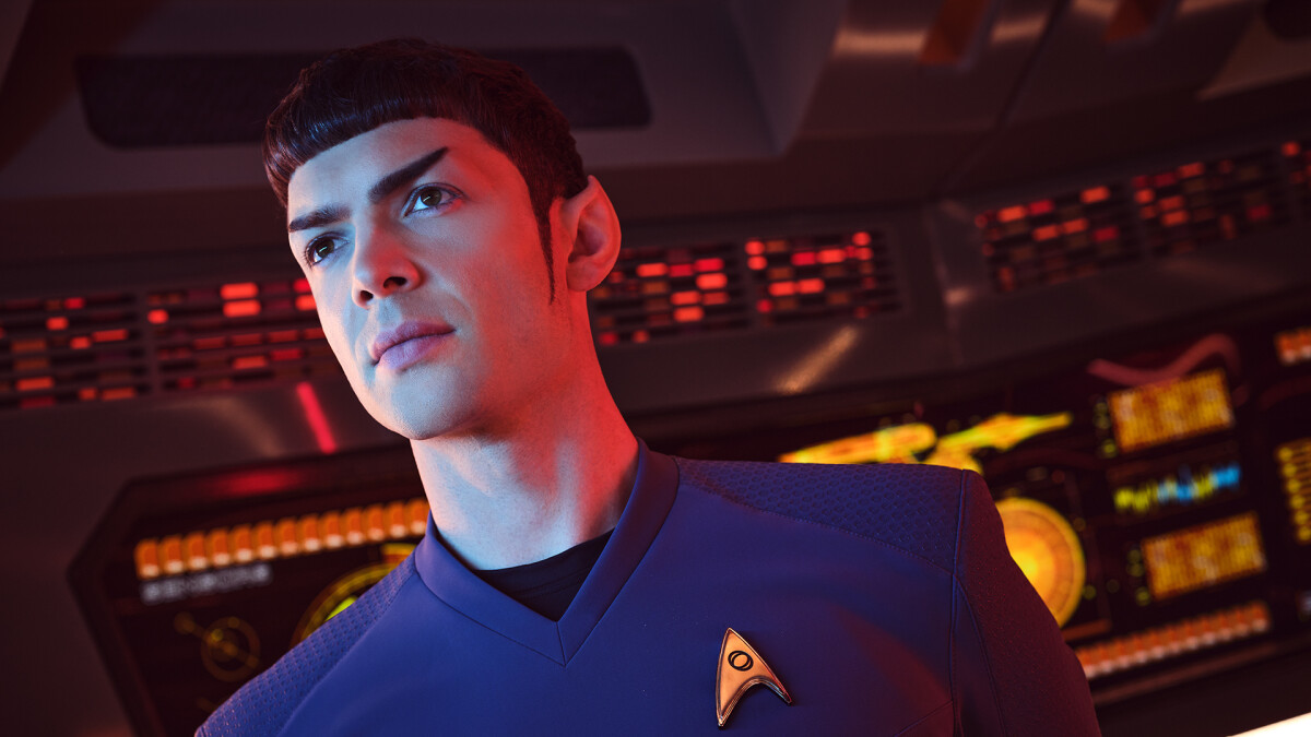 That's the crew off "Star Trek: Strange New Worlds": Ethan Peck as Mr. Spock.