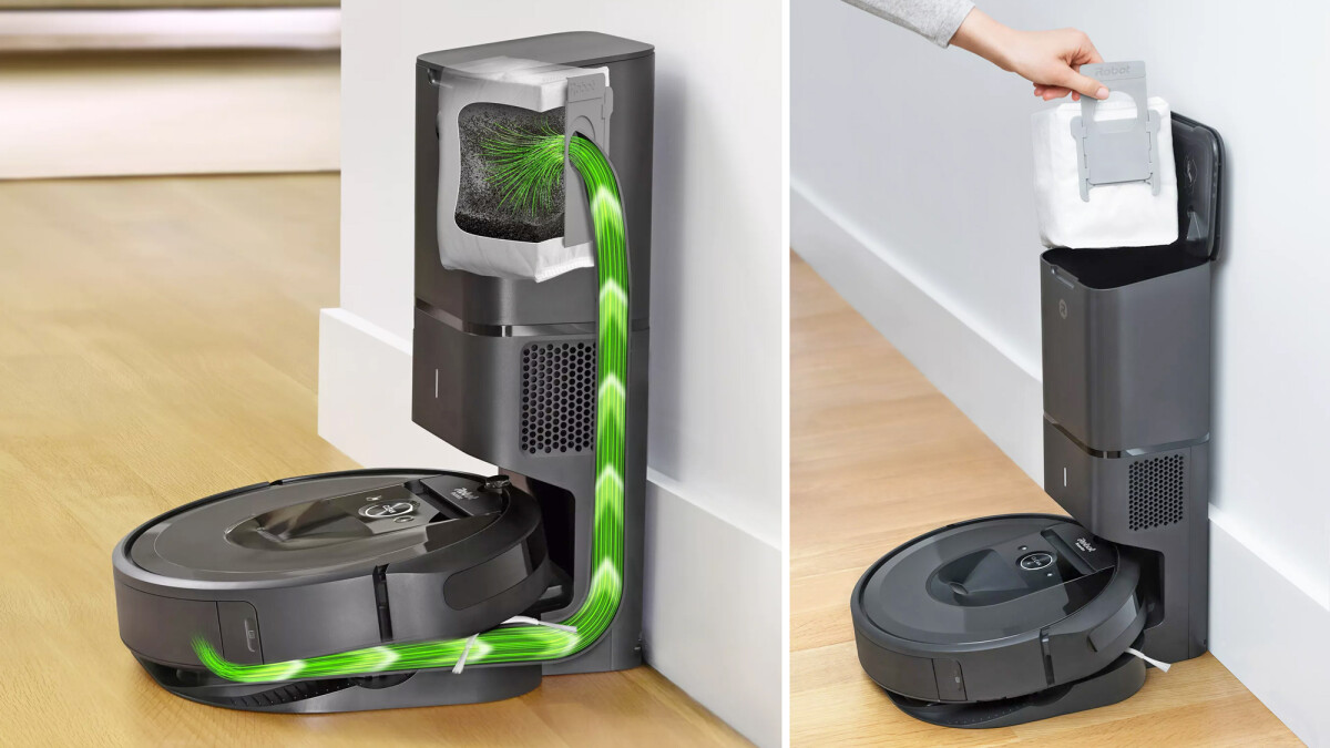 When the suction process is complete, the iRobot i7+ automatically drives to the charging station.  Here the dirt migrates into a large collection container.