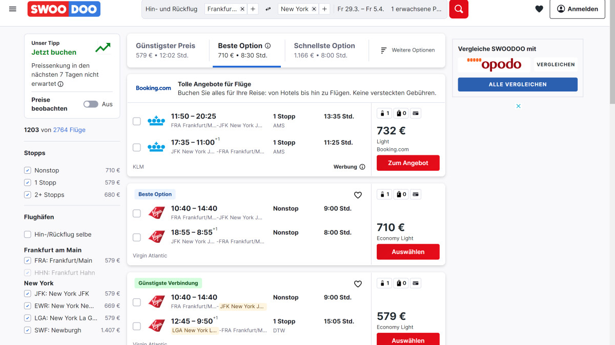 Los resultados de búsqueda en Swoodoo le mostrarán diferentes aerolíneas con diferentes precios.