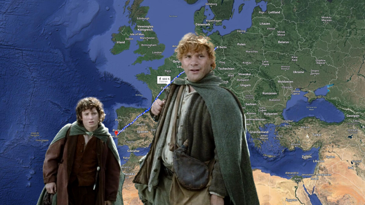 Lord of the Rings.  The distance that Frodo (left: Elijah Wood) and Sam (right: Sean Astin) travel to Mordor is approximately the same as the distance from Berlin to Lisbon.