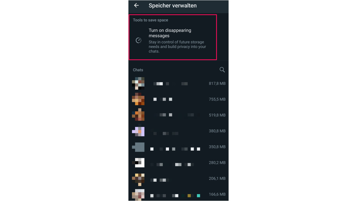WhatsApp bewirbt jetzt in den Einstellungen die Option "Selbstlöschende Nachrichten zu aktivieren". Damit sollt ihr Speicherplatz auf euren Geräten einsparen können.