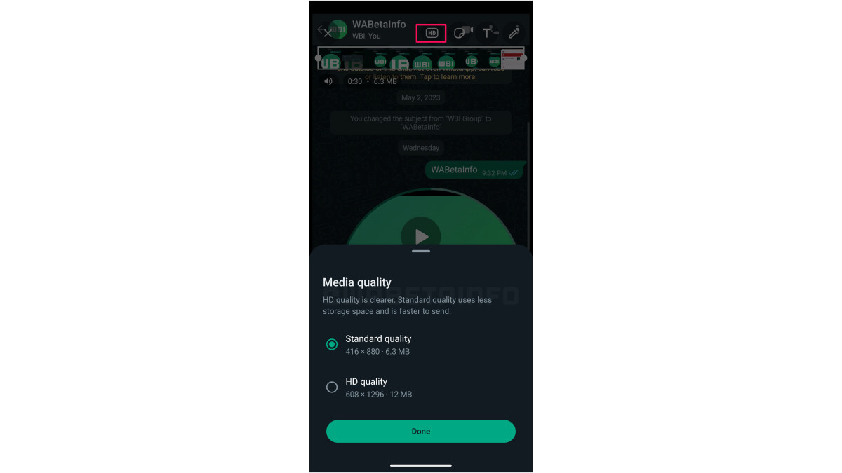 Puede usar el botón HD en la versión beta de WhatsApp para teléfonos Android para enviar videos en una calidad superior.