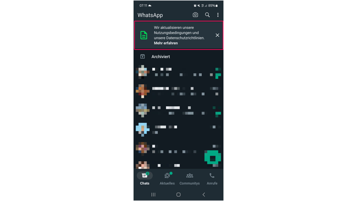 WhatsApp draws attention to the change with a banner above the chat list.