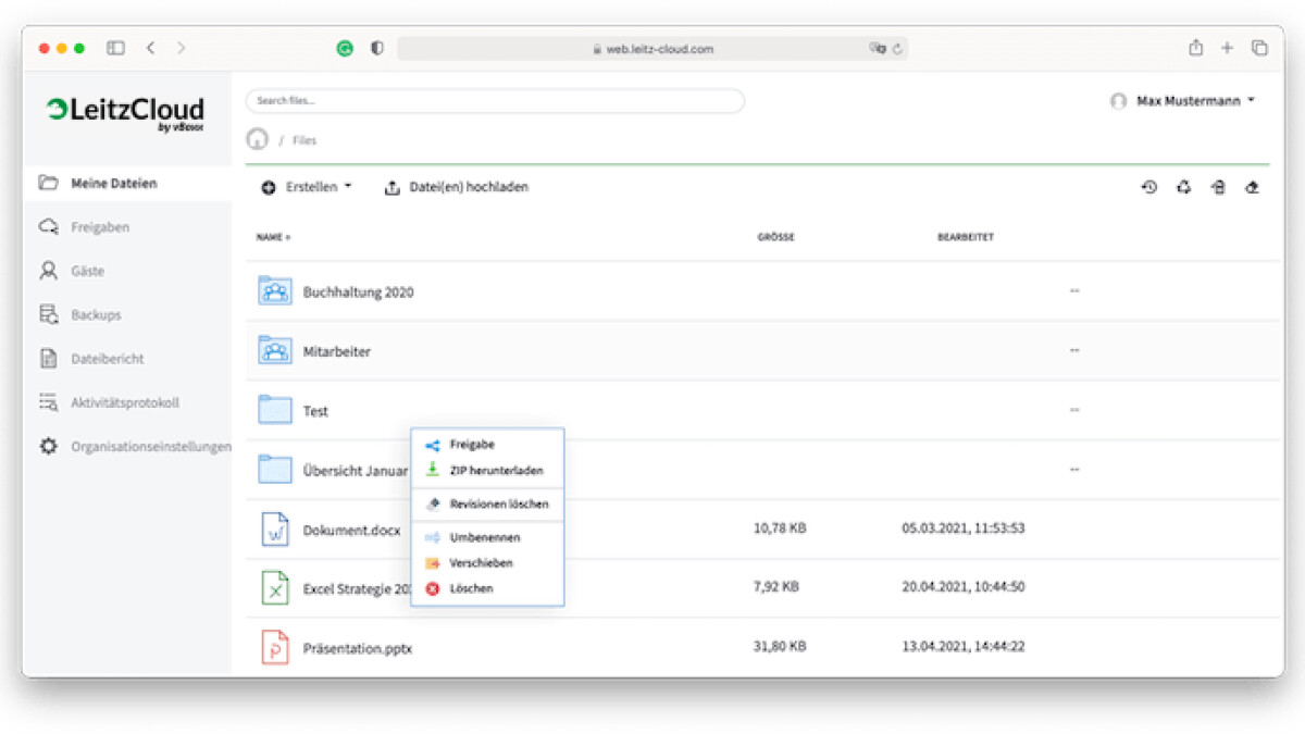 Leitzcloud by vBoxx garantiert hohe Sicherheitsansprüche und eine aufgeräumte Oberfläche.