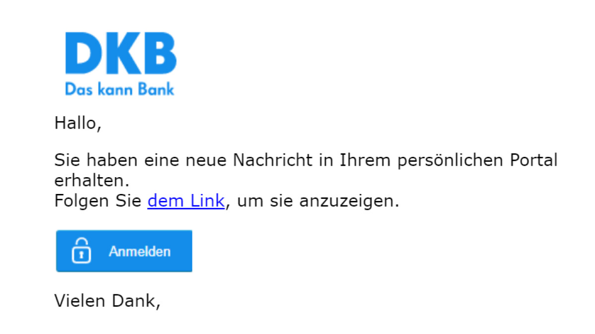 Klickt nicht auf den Link in dieser DKB-Phishing-Mail.