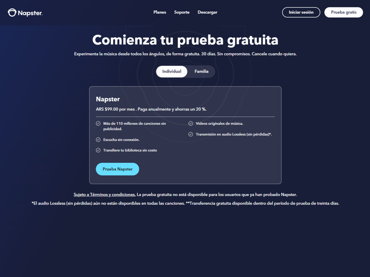 Choose an offer at Napster (Argentina).