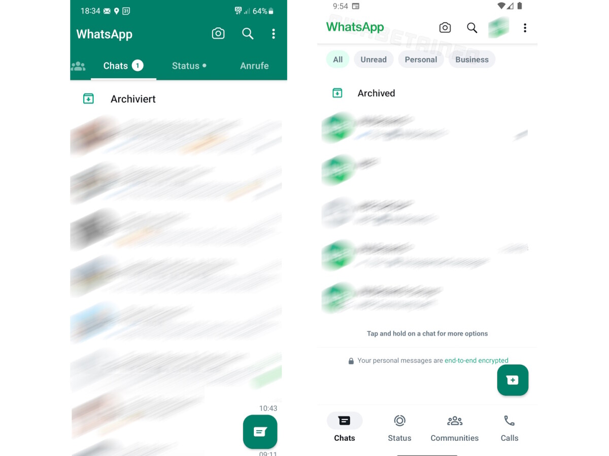 On the left you can see the old WhatsApp design, on the right what the app will soon look like.
