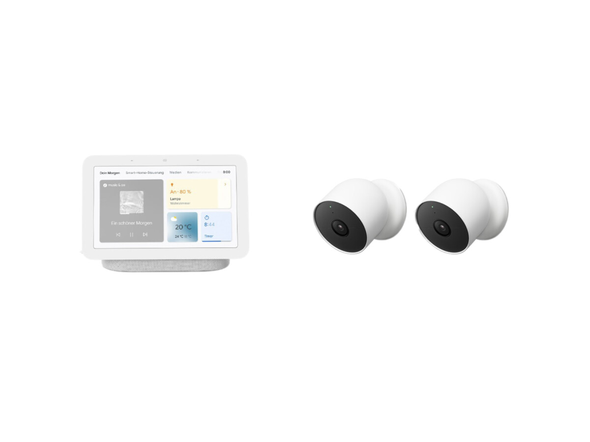 Google Nest Cam (mit Akku) 2er-Pack + kostenloser Google Nest Hub (2. Generation)