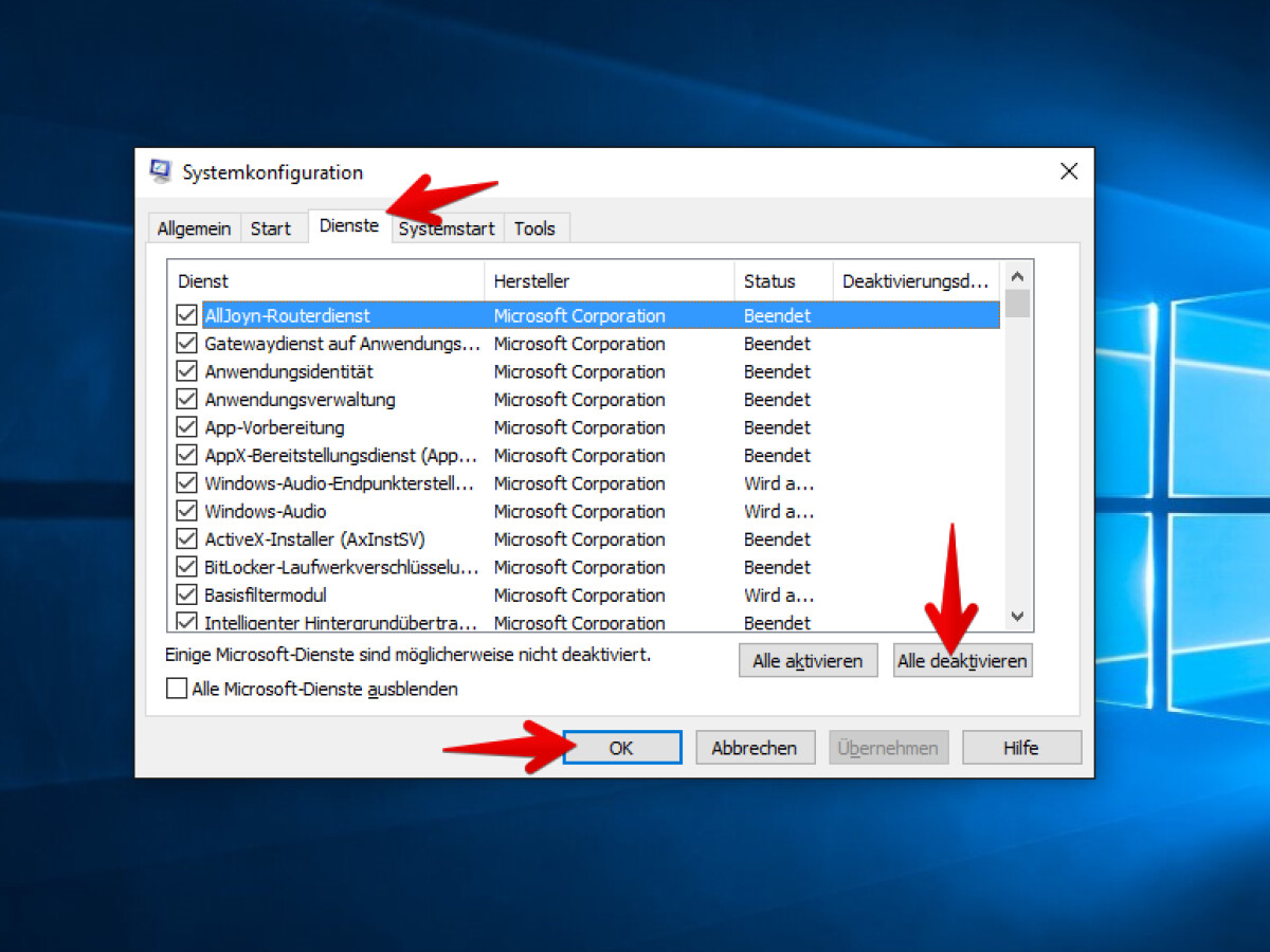 Die Deaktivierung und anschließende Aktivierung aller Dienste hat bei einigen Nutzern den Fehler behoben.
