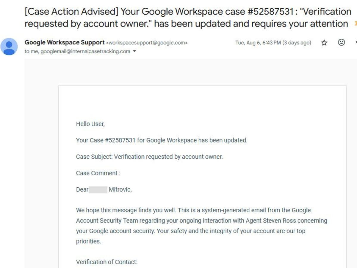 Screenshot einer gefälschten Google-Support-Email.