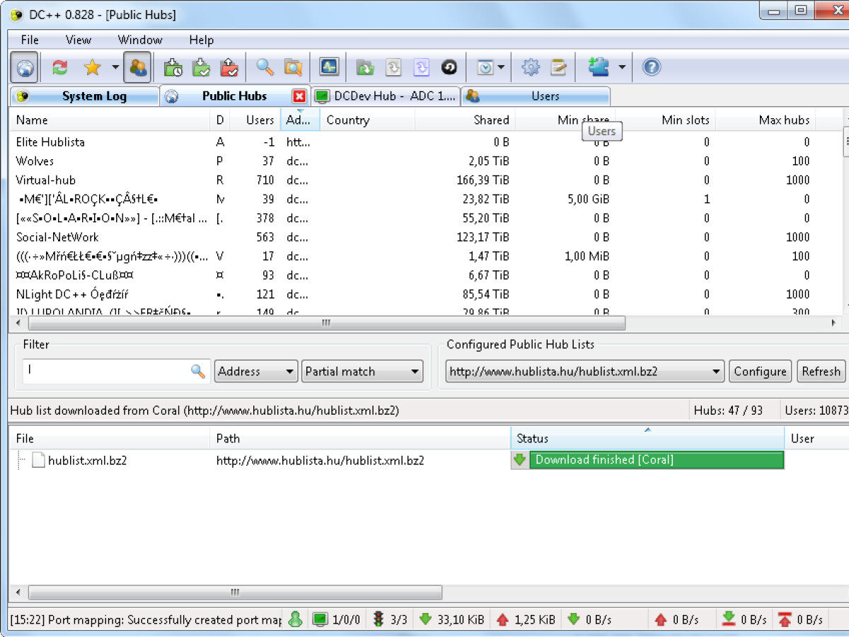Die öffentlichen Hubs in DC++ werden in Listenform angezeigt.