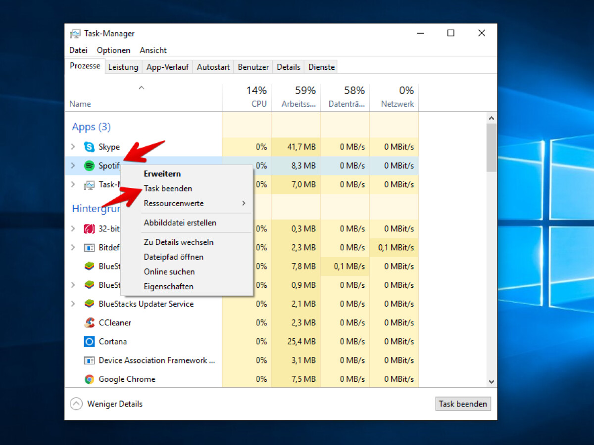 Über den Task-Manager beendet ihr laufende Prozesse von Spotify.