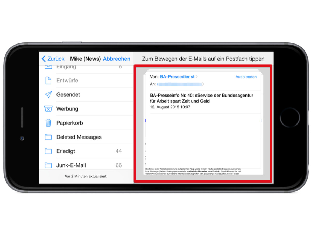 Erst wenn ihr den E-Mail-Stapel rechts seht, könnt ihr die E-Mails versenden. Wählt dazu einen Zielordner aus der Ordnerstruktur links aus.