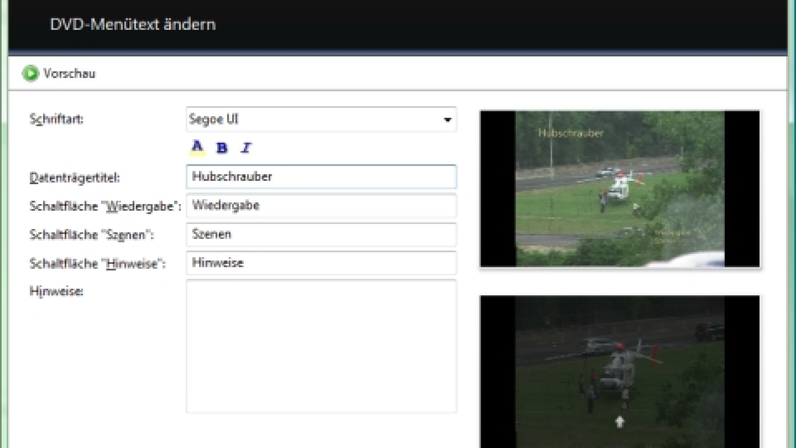 Das bestehende Menü kann bearbeitet werden