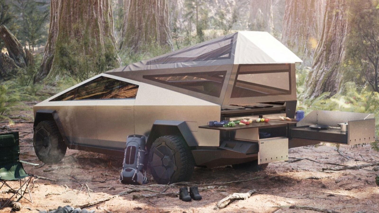 Tesla Cybertruck: Bild zeigt Camping-Konfiguration mit Zelt und Kche |  NETZWELT