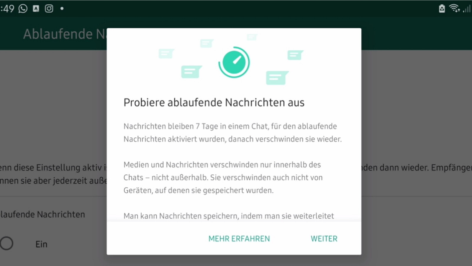 Was bedeuten ablaufende Nachrichten bei WhatsApp? Was bedeuten ablaufende Nachrichten bei WhatsApp?