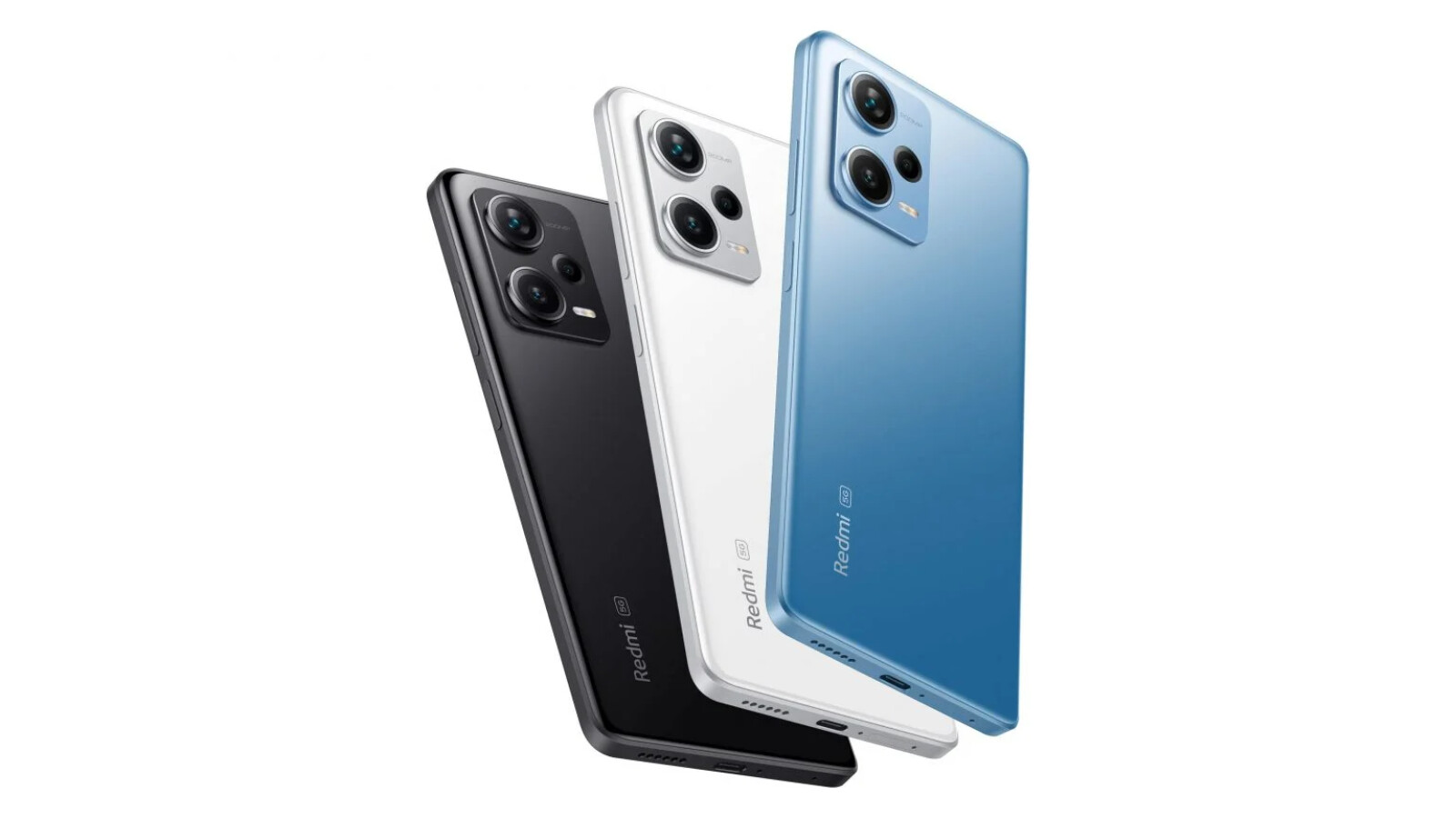  Three Xiaomi Redmi Turbo 3 smartphones in black, white, and blue colors with a gradient back design and a triple camera system.