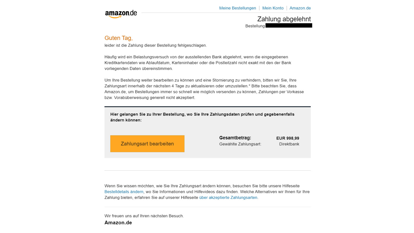 Amazon Phishing: ¿Falló el pago?  Simplemente no modifique el método de pago.