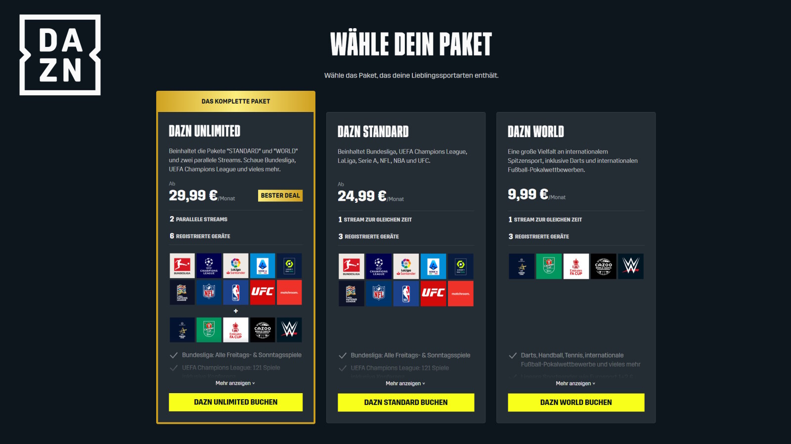 DAZNPakete im Vergleich Diese Sportarten sind in World, Standard und