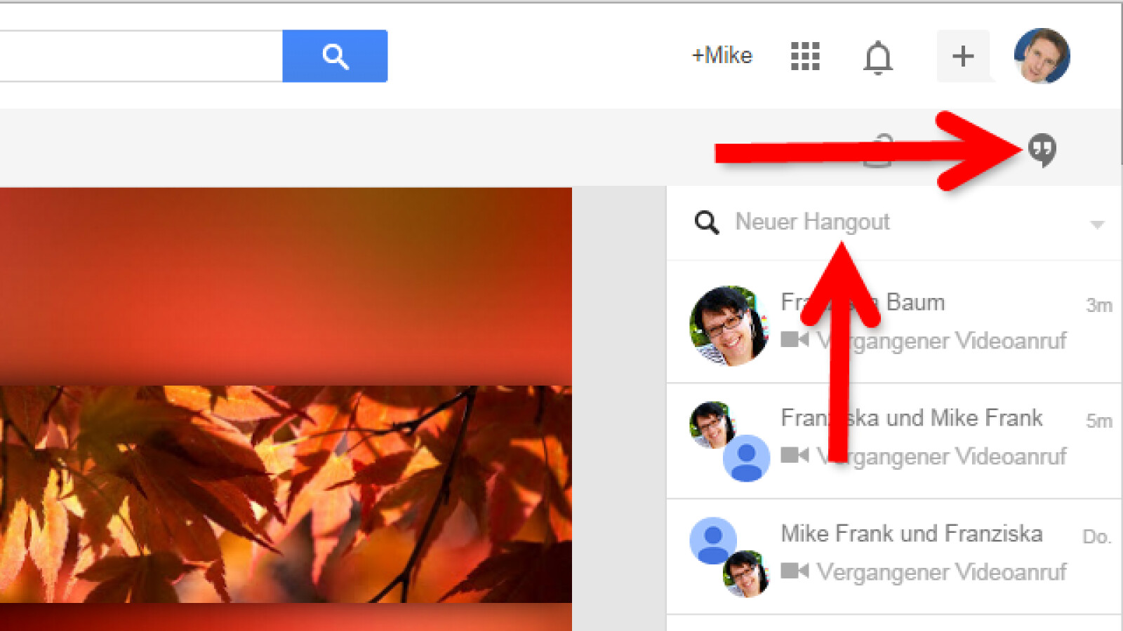 Besuche deine Google Plus-Seite und klicke oben rechts auf das Hangouts-Icon. Anschließend klickst du in das Suchfeld "Neuer Hangout". 