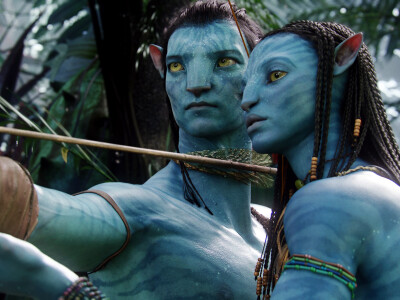 Jake Sully (Sam Worthington) y Neytiri (Zoe Saldana). "Avatar: Salida hacia Pandora"