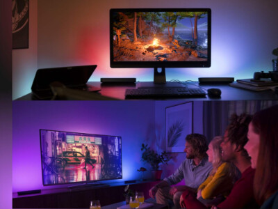 The smart lights from Philips Hue can be synchronized with your content via the app and create an exciting experience on your screen.