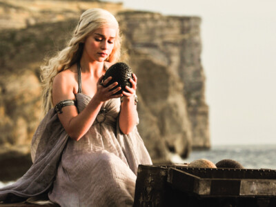 Daenerys with her dragon eggs