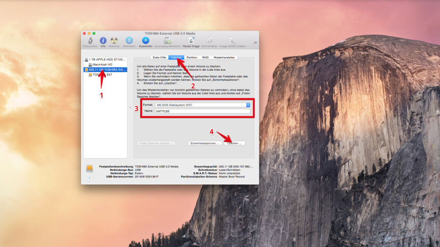 Hard drives or partitions can be formatted and deleted on the Mac.