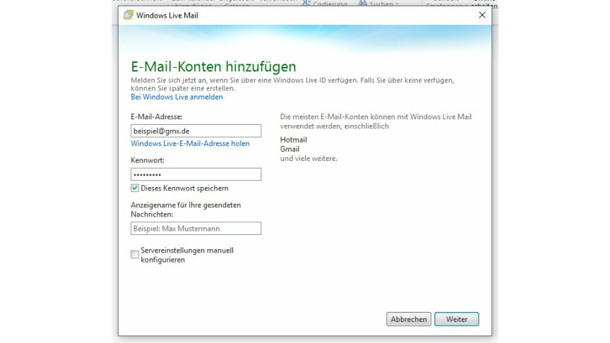 Live Mail einrichten W10 3